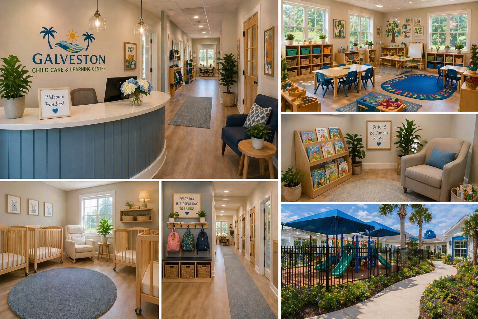 Collage of Galveston Daycare interior spaces including reception, classrooms, reading area, infant room, and playground