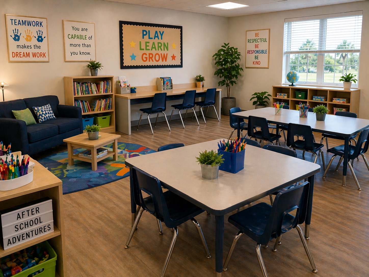 Classroom for older preschool and pre-K learners with tables, reading area, and structured activity stations