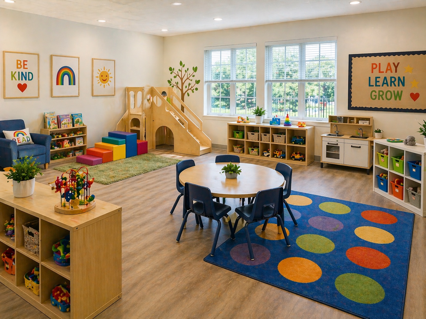 Preschool classroom with learning rug, book displays, tables, and organized teaching space