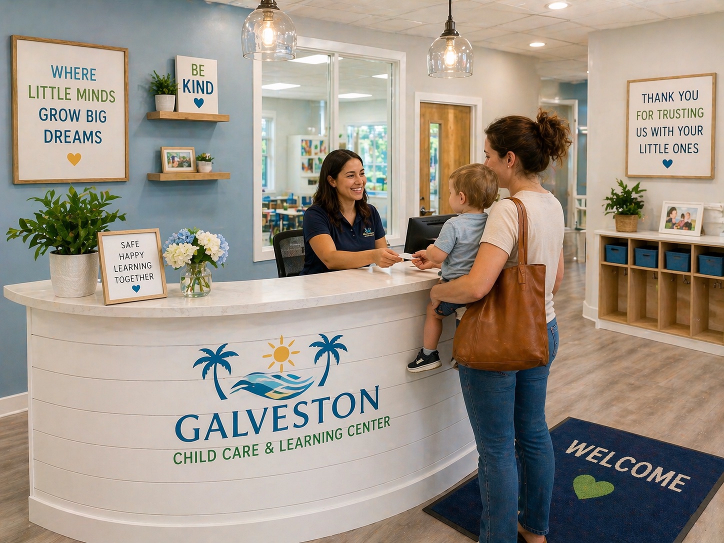 Front desk check-in scene with staff greeting a parent and child in a bright reception area